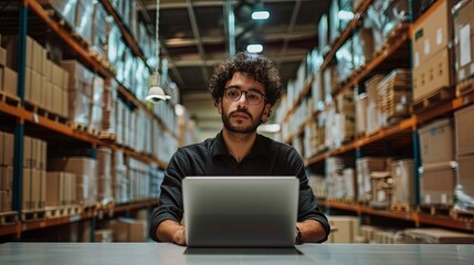 portrait of a male warehouse manager working on laptop