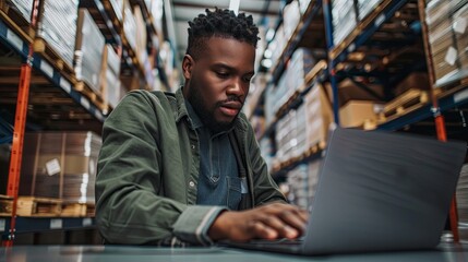 portrait of a male warehouse manager working on laptop