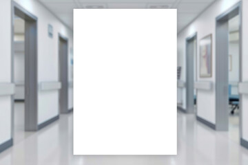 Mock-Up promotion poster displayed on the front of bright blur medical clinic, hospital interior background with defocused effect. Blank A4 white paper on abstract defocused luxury office corridor. Ad