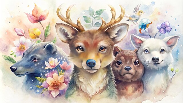 a watercolor painting of a Bear. Deer. Moose. Wild boar. Fox all lined up ready for a group photograph of them together by Yang Jin. official character art. with cute doting eyes.