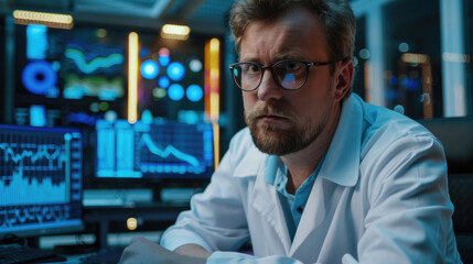 A man wearing a lab coat sits in front of multiple computer monitors displaying graphs and data, with a focused expression on his face