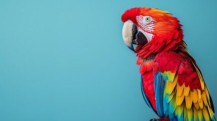 Fototapeta premium A colorful parrot against a solid cyan background, with space for text above