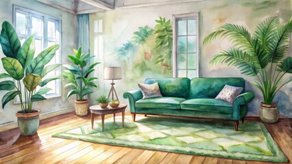 Elegant living room features a comfortable sofa, mid century furniture, cozy carpet, wooden floor, white walls, and lush green home plants.