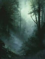 Fototapeta premium Mystical Forest Path - A mysterious forest path shrouded in fog with sunlight peeking through the trees. - A mysterious forest path shrouded in fog with sunlight peeking through the trees.