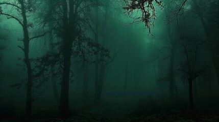 Fototapeta premium Mysterious Foggy Forest - A dense forest shrouded in thick fog, creating a mysterious and enchanting atmosphere. The tall trees stand tall, their silhouettes barely visible against the backdrop of the