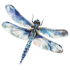 Detailed watercolor illustration of a blue dragonfly with transparent wings. Perfect for nature-themed designs and artwork.