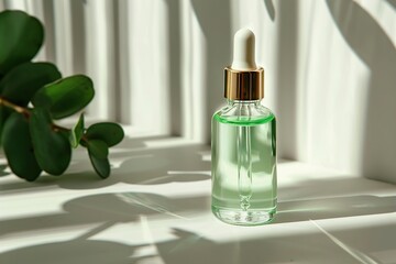 Natural oil cosmetics. Dropper glass Bottle Mock-Up. Oily cosmetic pipette. Face, body treatment. Spa concept. Mineral organic green liquid. Front view Beauty product. Blank packaging gel, white table