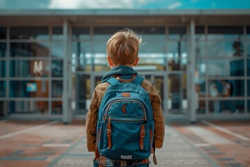 Nervous kid standing at the entrance of a new school, first day jitters, emotional moment
