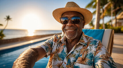 Senior retired black man sitting in deckchair on summer vacation at beach hotel resort. Old happy man tourist wearing summer sunglasses and straw hat