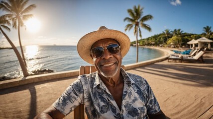 Senior retired black man sitting in deckchair on summer vacation at beach hotel resort. Old happy man tourist wearing summer sunglasses and straw hat 