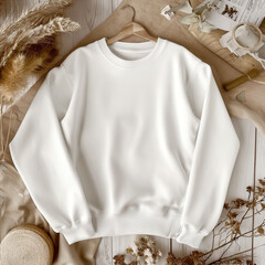 Laying white tshirt mockup. Crewneck t-shirt top view of front side. Unisex long sleeve tee mock up. Flat lay sweatshirt. Blank shirt, here your design template