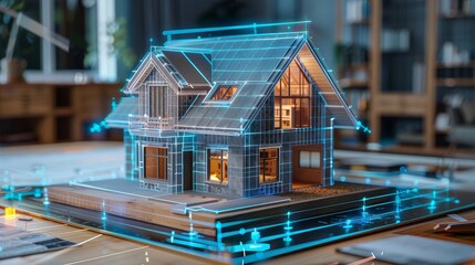 3D Model of a House with Digital Overlays - A 3D model of a house with digital overlays showcasing its design and construction details. This image highlights technological advancements in home design 
