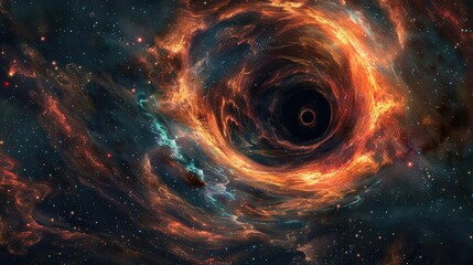 Fototapeta premium Black Hole Accretion Disks, A stunning, ultra-realistic photographic image of a colorful, swirling black hole in space, with vibrant reds, oranges, and blues, set against a backdro