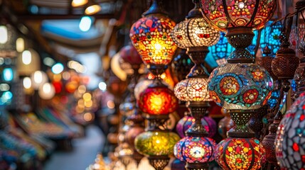 Naklejka premium Colorful Mosaic Lanterns in a Bazaar - Close-up shot of colorful mosaic lanterns hanging in a traditional market. - Close-up shot of colorful mosaic lanterns hanging in a traditional market.
