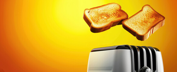 toaster with toasts flying around on an orange background with copy space.