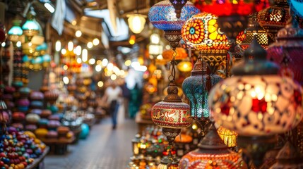 Naklejka premium Colorful Lanterns in a Middle Eastern Market - A close-up shot of colorful lanterns hanging in a Middle Eastern market, showcasing the vibrant culture and tradition. - A close-up shot of colorful lant
