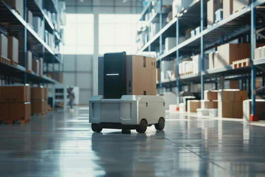 Autonomous mobile robot efficiently transports boxes in a modern warehouse, showcasing technology integration in logistics