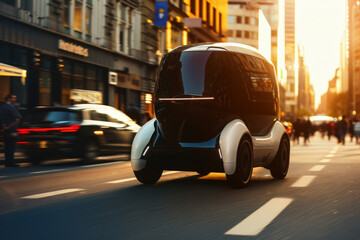 Futuristic autonomous self-driving delivery robot vehicle driving on a city street at sunset