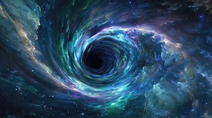 Black Hole Accretion Disks, A swirling, colorful vortex in space, with shades of blue, green, and purple emanating from a central black hole