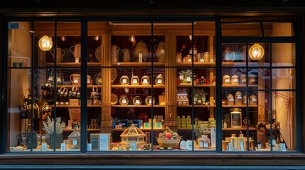 Obraz premium Storefront Display with Jars, Jugs, and a Wooden Birdhouse.