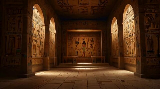 Interior of an Ancient Egyptian Tomb with Wall Paintings and a Sarcophagus