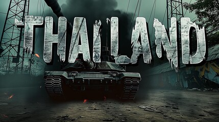 AI generator image of Make a photorealistic image of, large block letter logo with the exact words "THAILAND" spelled correctly, with a modern warfare juggernaut, and a military tank, cinematography