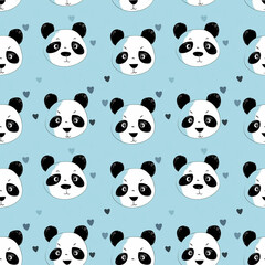 Cartoon seamless pattern with cute panda faces on light blue background.