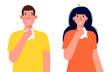Nose bleeds or nosebleeds concept. Man and Woman with bleeding nose. Vector flat illustration.