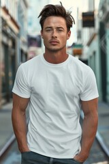 Obraz premium caucasian man wearing white T-shirt outdoor, mock up, copy space, vertical