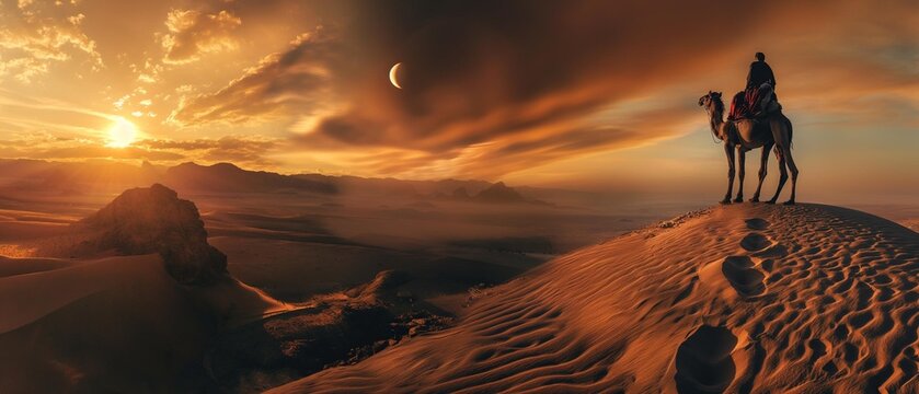 AI generator image of Man riding a camel on top of a desert mountain clear footprints And in the background there is a solar eclipse in the sky.Wide viewing angle, panorama	