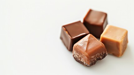 three toffee caramel candies close isolated white background bonbon brown candy chewy confection confectionery copy space cream cube closeup dairy detail dessert few food group ingredient on macro.