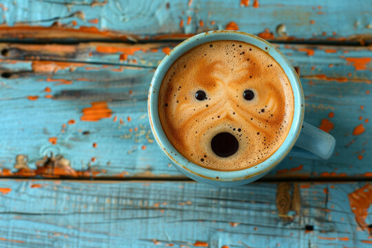 Pareidolia, face like: Cup of coffee with funny surprised face on blue wooden table, top view. Scared or shocked expression in cup of cappuccino.