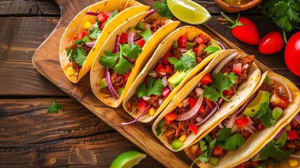 Fresh tacos with veggies and coriander on wooden board 