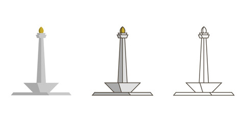 Monas icon illustration set. Indonesian national monument illustration icon set isolated on white background