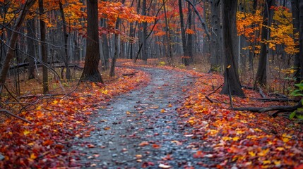 Fototapeta premium Nature's Autumn Pathways Leaf-Covered Forest Walks
