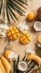 Tropical fruits: mango, coconut, oranges, bananas, orchid flowers and palm leaves on a yellow background