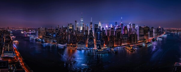 Fototapeta premium Aerial View of a Nighttime Cityscape with Illuminated Skyscrapers