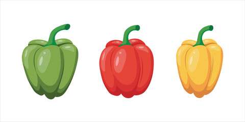 Set of three bell peppers of different colors isolated on a white background. Red, green, yellow bell peppers. Vector illustration