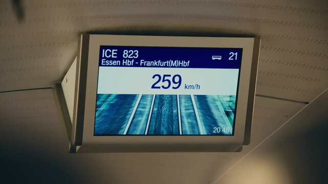 An information screen inside a German ICE train displays the current speed in real-time. The footage captures the modern interior and technology of the high-speed train. Germany