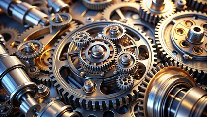 Intricate mechanical design showcases industrial machinery's complex network of gears, stainless steel tubes, and metallic components in high-resolution detail.