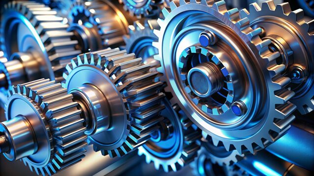 Intricate 3D rendering of interlocking chrome and blue gears in motion, symbolizing advanced technology for sophisticated engine power systems.
