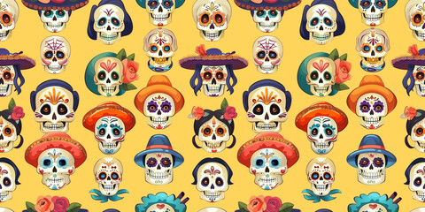 Fototapeta premium Day of the Dead Dia De Los Muertos or Halloween holiday, mexican skulls seamless pattern. Skeleton with sombrero hat and flowers