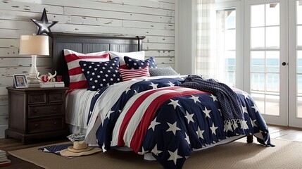 Bedroom with Patriotic Bedding and Throw Pillows for Independence Day