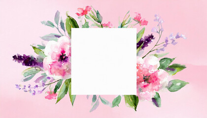 Blank square invitation card with pink tone watercolor flower illustration