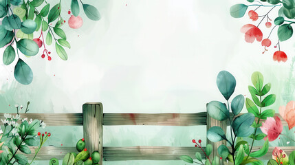 A green and red background with a wooden fence and a bunch of flowers