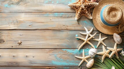Objects on beach themed wooden background with space for text top view