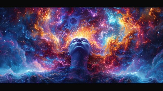meditating woman's head surrounded by aura of colorful energy, meditation