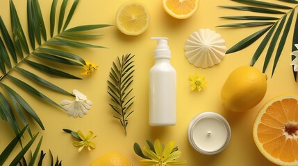 orange, cream, leaves, lotion bottle, yellow background