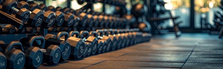 Obraz premium Dumbbells and kettlebells, neatly laid out in the gym