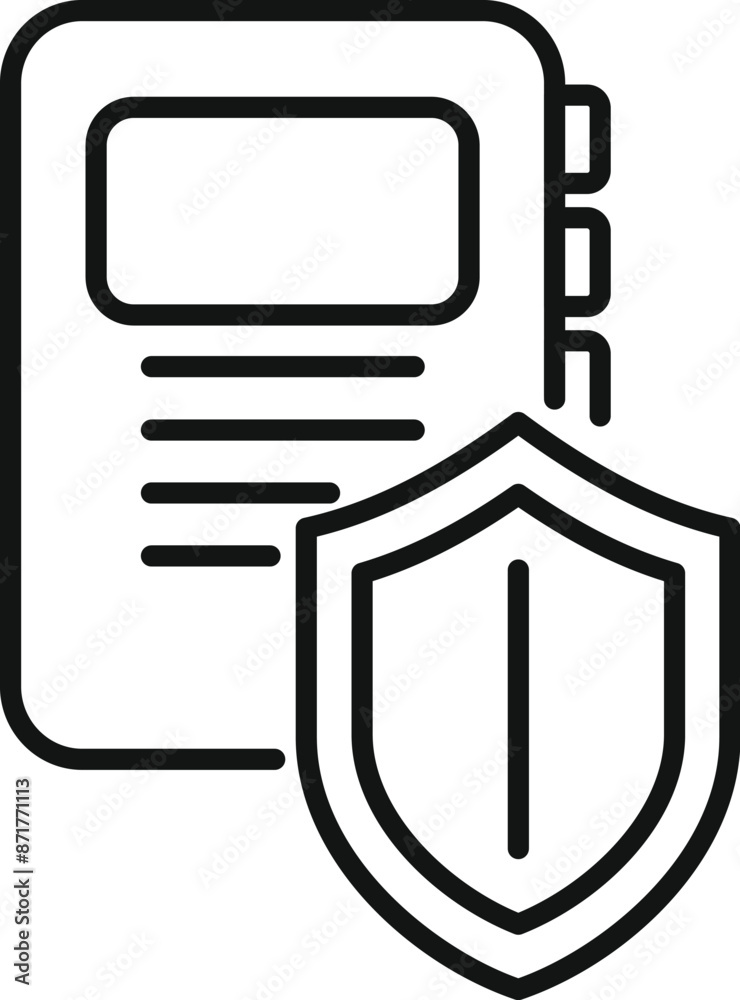 Poster simple line icon representing a document being protected by a shield, symbolizing data security